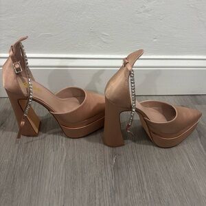 Blush Satin Platform Heels with Crystal Ankle Strap – Size 9